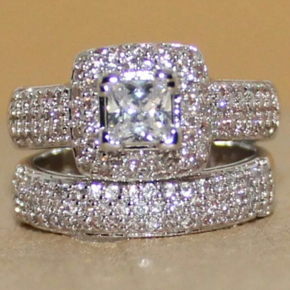 🔥Shiny Princess Cut Square Zircon Delicate Luxury Silver Ring Set, UNVN12306